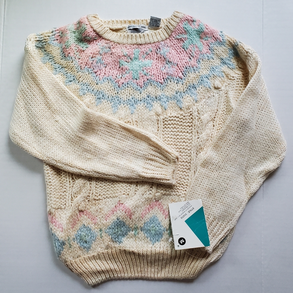 Women's M Jason Maxwell Petite Knitted By Hand Cream Sweater Vintage NWT